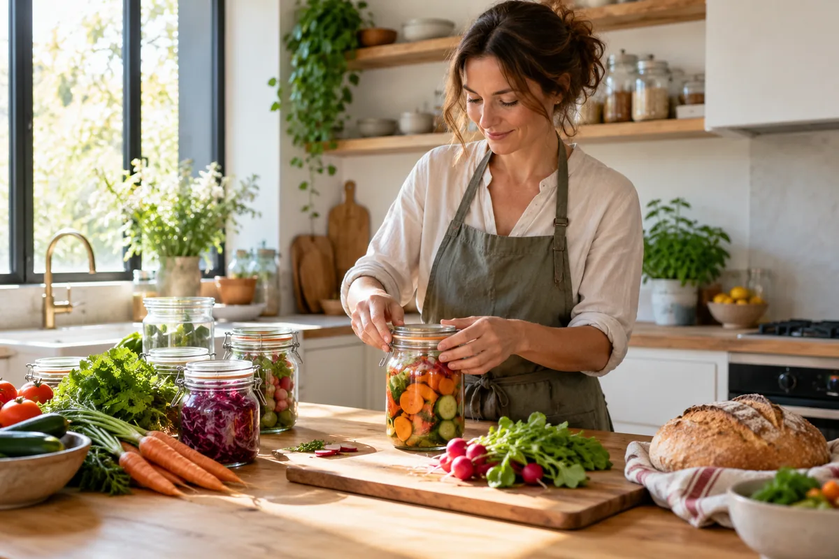 Légumes frais, pain et contenants sur un plan de travail de cuisine.