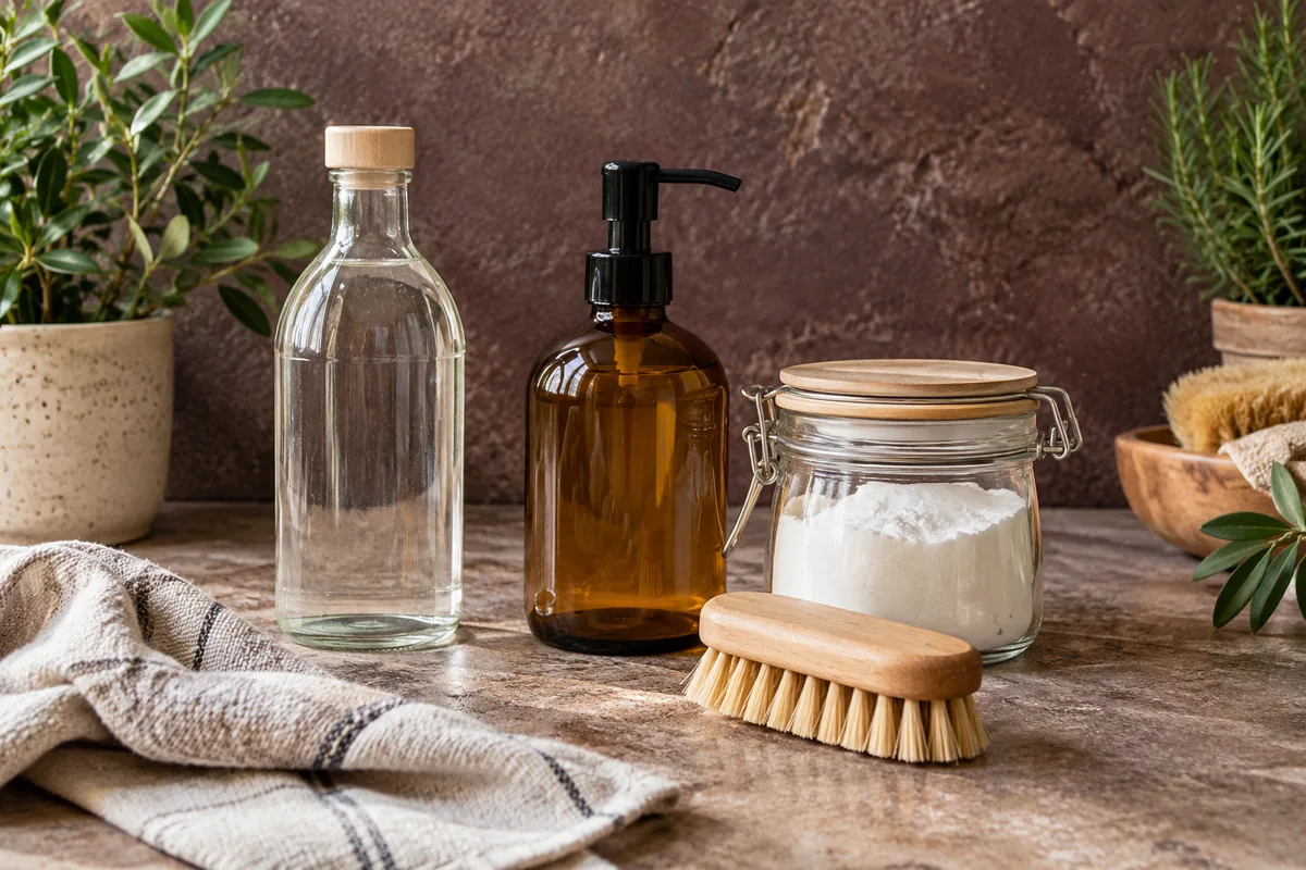 Produits du placard disposés séparément avec brosse et linge.